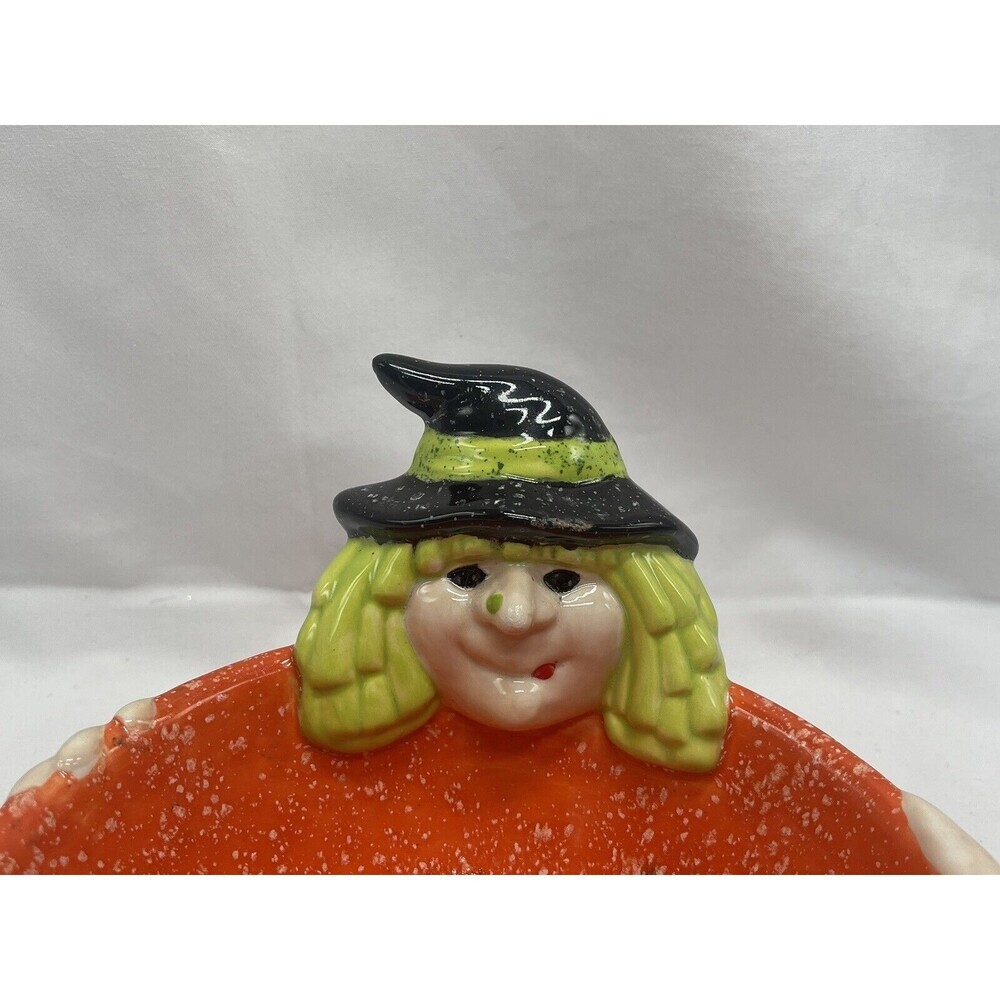 Cloe K Halloween Witch Candy Dish Bowl Ceramic Orange Green Black RARE - Picture 8 of 16